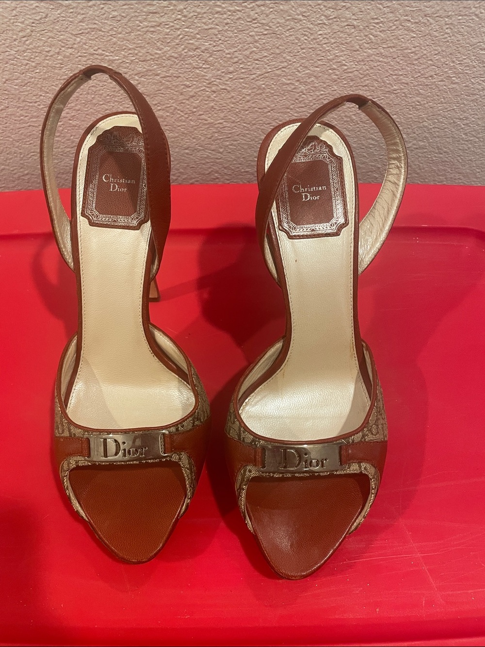 Dior Brown Leather and Canvas Logo Slingback Heels